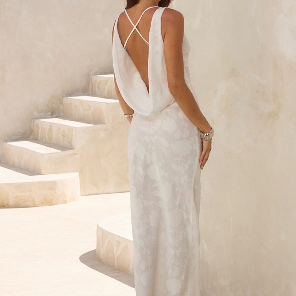 Backless White Slip Dress with Drape Back